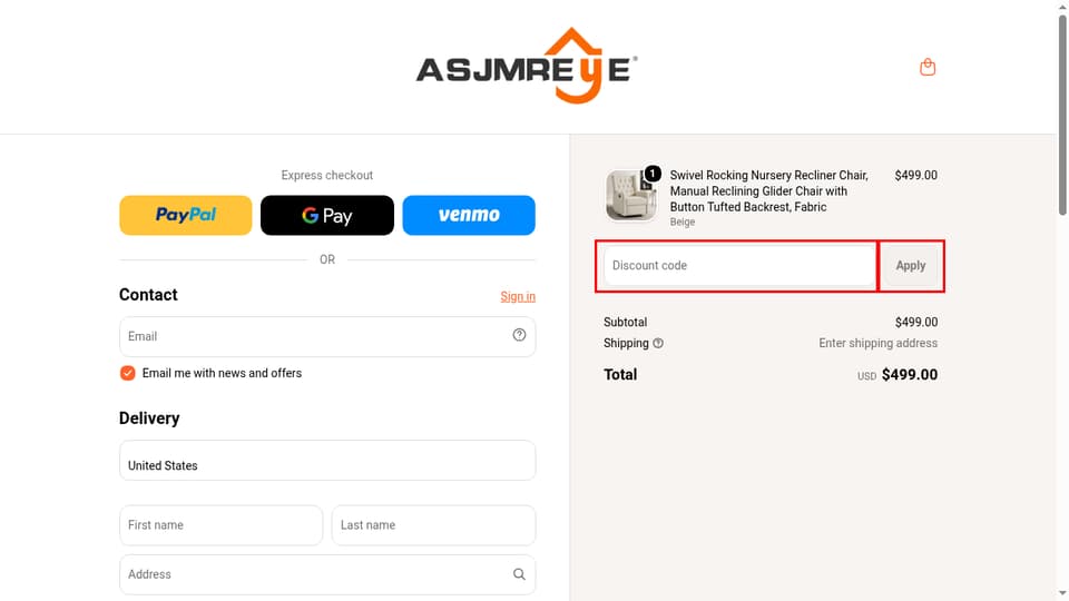 ASJMREYE checkout page showing the Discount code field and Apply button