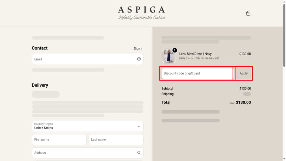 Aspiga checkout page showing the Discount code or gift card field and Apply button