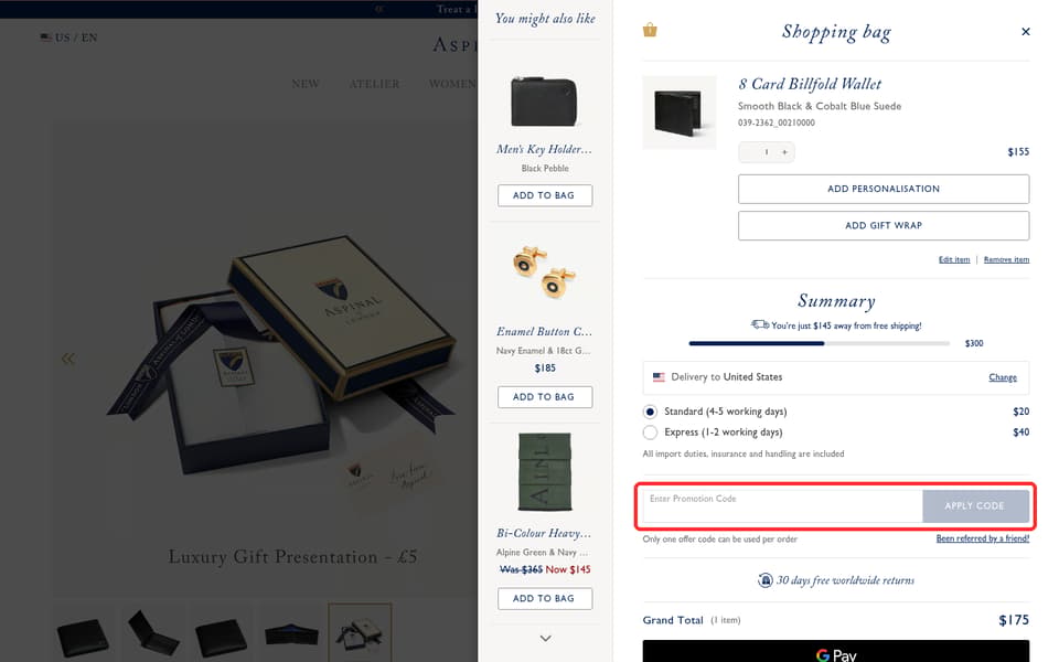 Aspinal of London checkout page showing the Enter Promotion Code field and Apply Code button