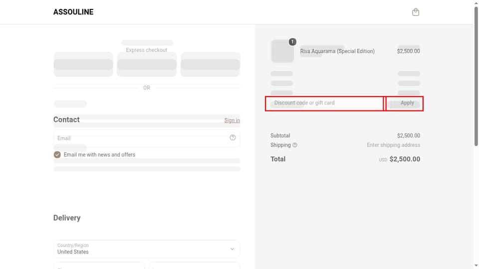 Assouline checkout page showing the Discount code or gift card field and Apply button