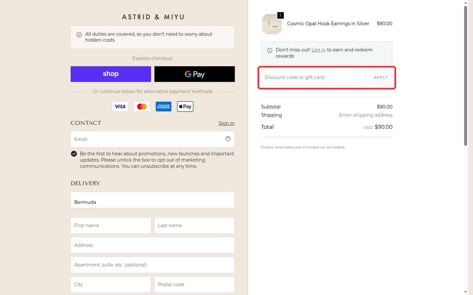 Astrid & Miyu checkout page showing the Discount code or gift card field and Apply button