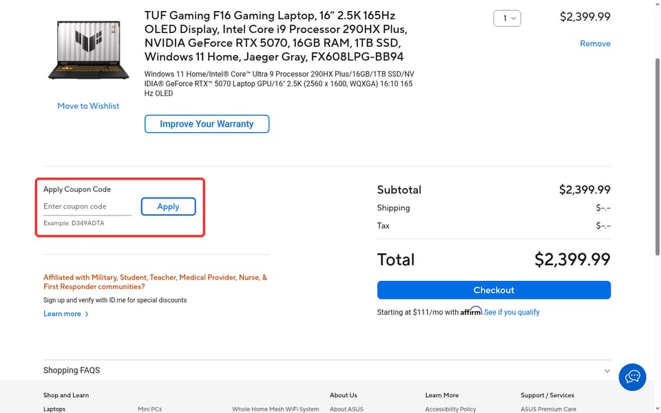 ASUS checkout page showing the Enter coupon code field and Apply button