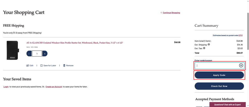 AT-A-GLANCE checkout page showing the 