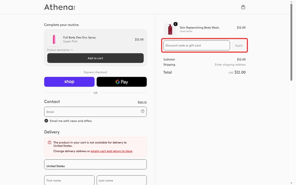 Athena Club checkout page showing the Discount code or gift card field and Apply button