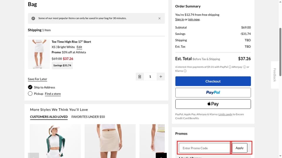 Athleta checkout page showing the Enter Promo Code field and Apply button