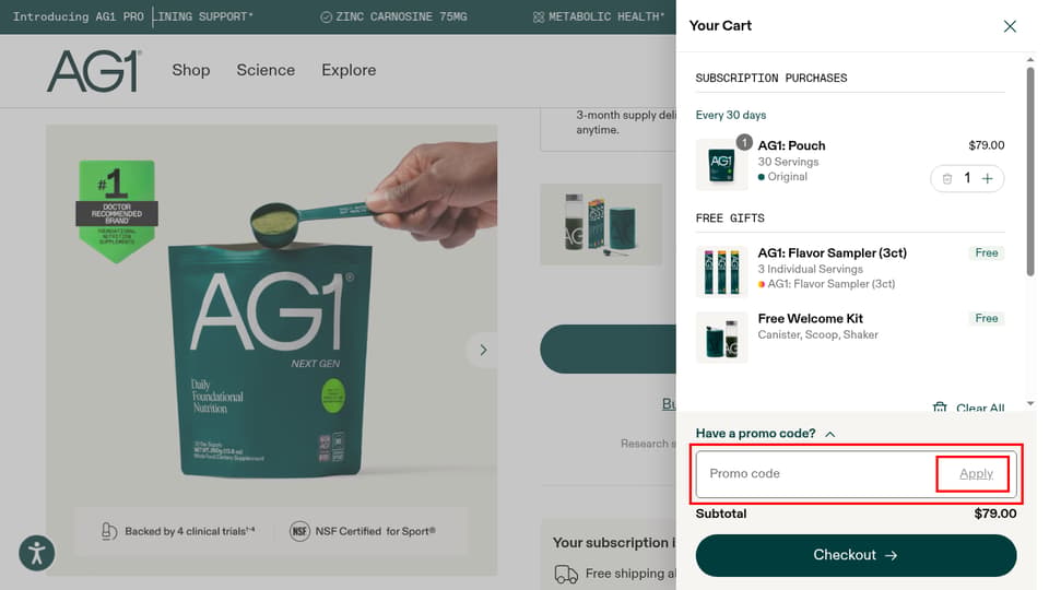 Athletic Greens checkout page showing the Promo code field and Apply button