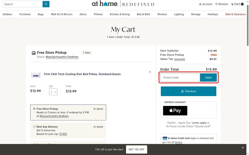 At Home checkout page showing the Promo Code field and Apply button