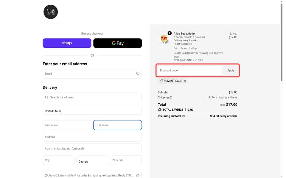 Atlas Coffee Club checkout page showing the Discount code field and Apply button