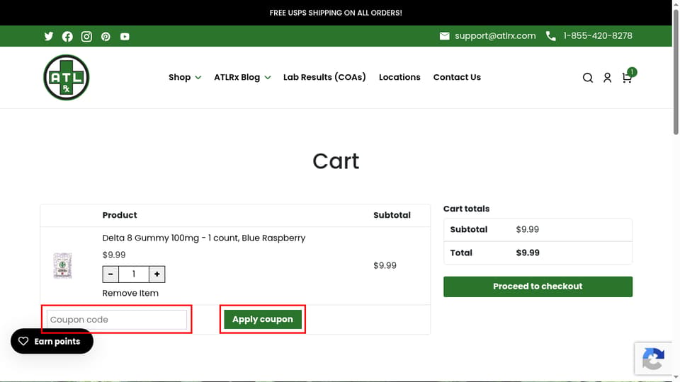 ATLRx checkout page showing the Coupon code field and Apply coupon button