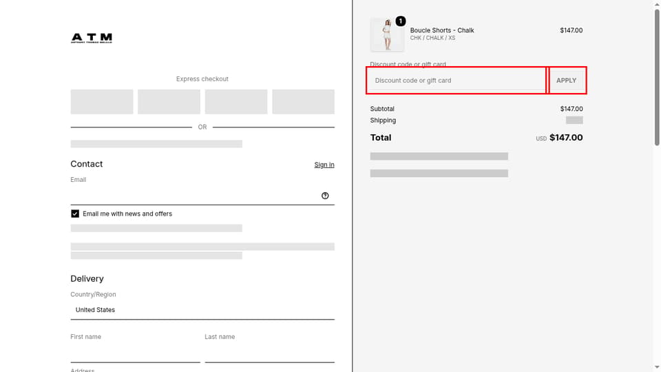 ATM Collection checkout page showing the 