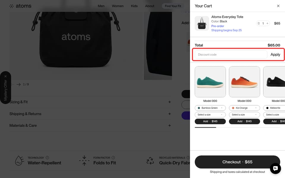 Atoms checkout page showing the Discount code field and Apply button