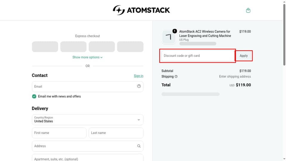 AtomStack checkout page showing the Discount code or gift card field and Apply button