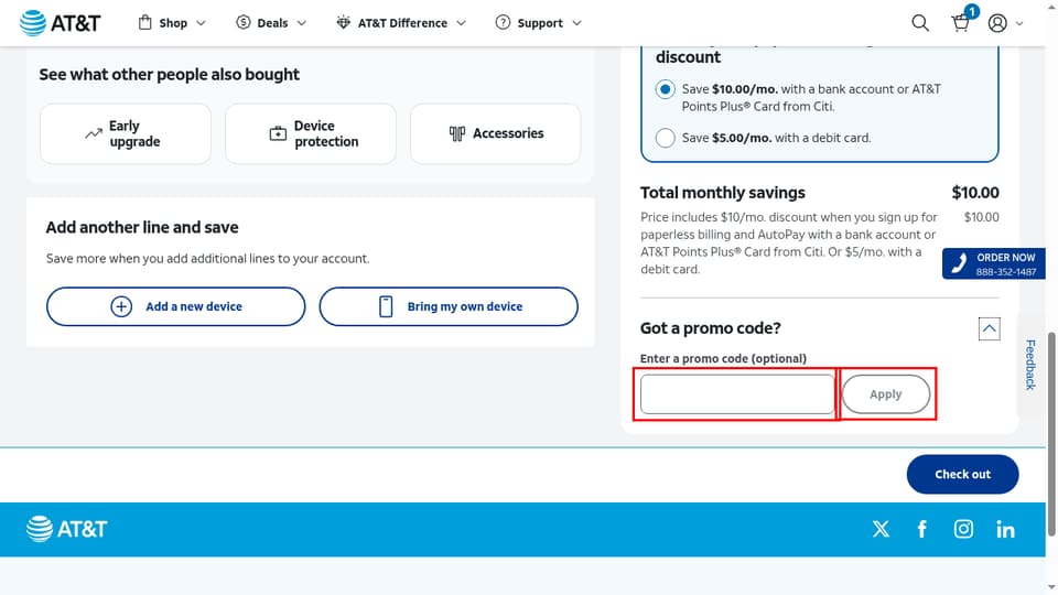 AT&T Wireless checkout page showing the Enter a promo code (optional) field and Apply button