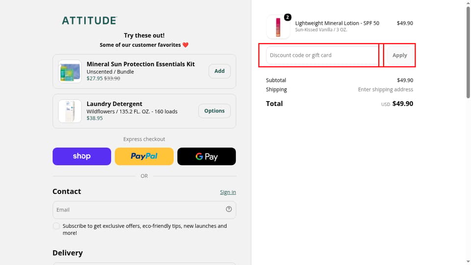 Attitude Living checkout page showing the Discount code or gift card field and Apply button