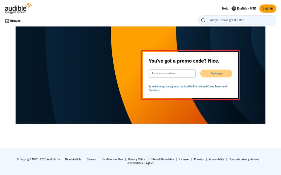 Audible checkout page showing the Enter your code here field and Redeem button