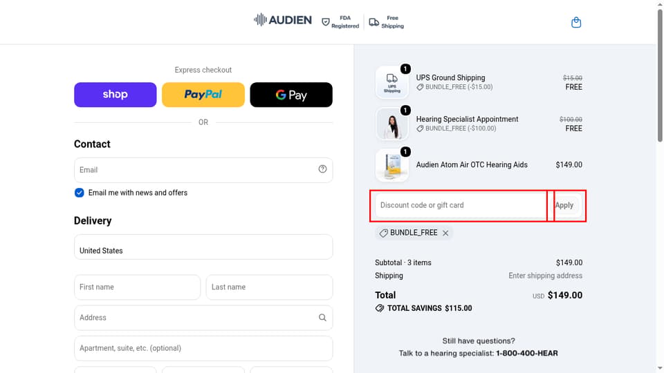 Audien Hearing checkout page showing the Discount code or gift card field and Apply button