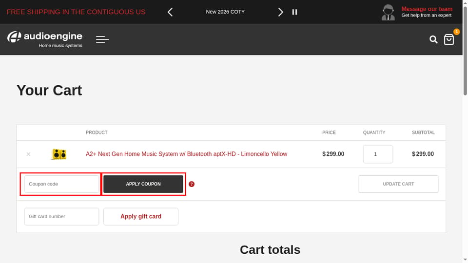 AudioEngine checkout page showing the Coupon code field and Apply coupon button