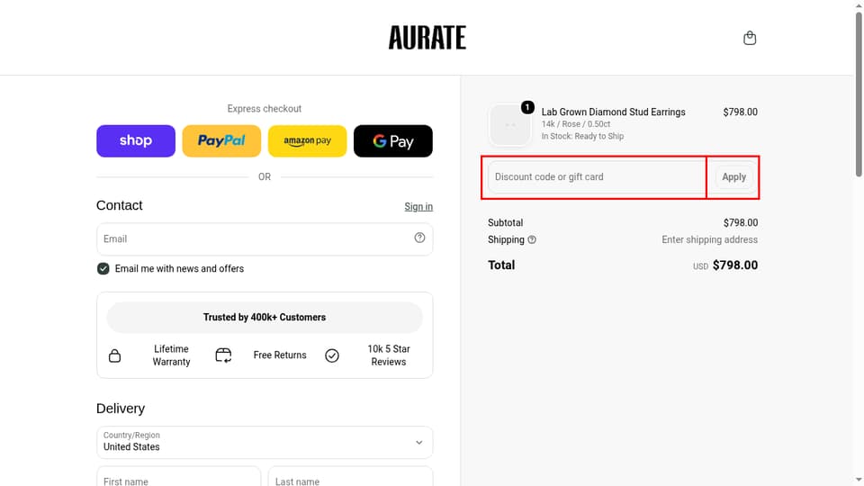 Aurate New York checkout page showing the Discount code or gift card field and Apply button