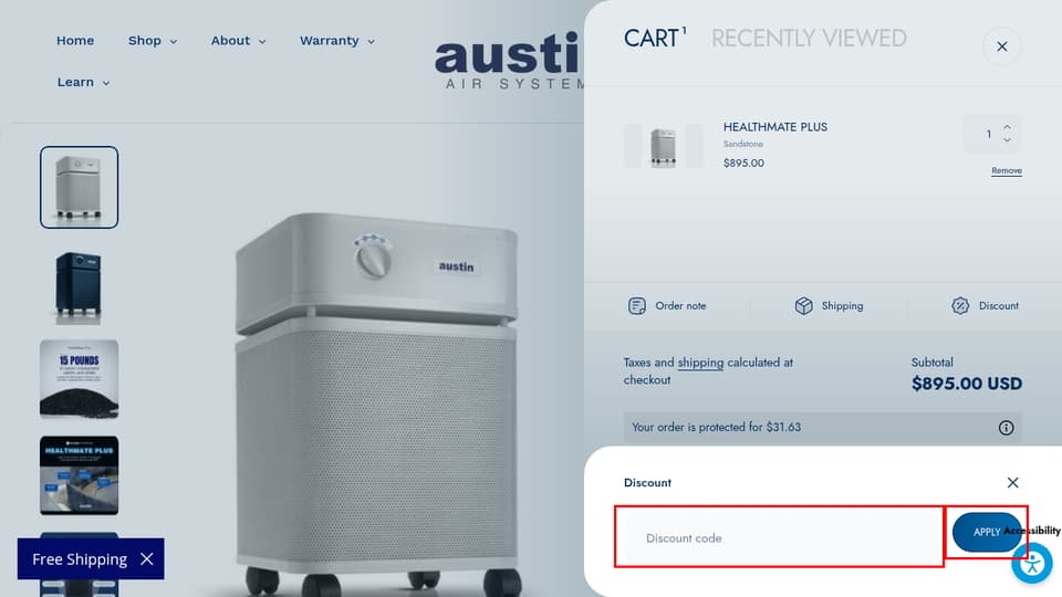 Austin Air checkout page showing the Discount code field and Apply button