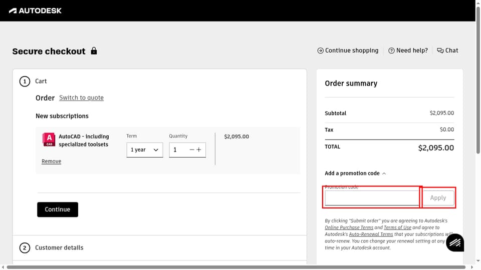 Autodesk checkout page showing the Promotion code field and Apply button