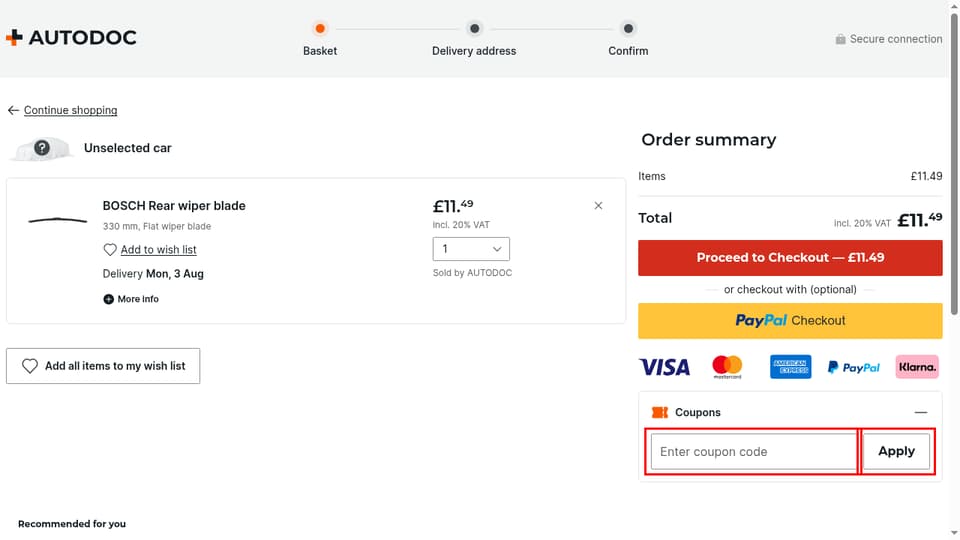 AUTODOC checkout page showing the Enter coupon code field and Apply button