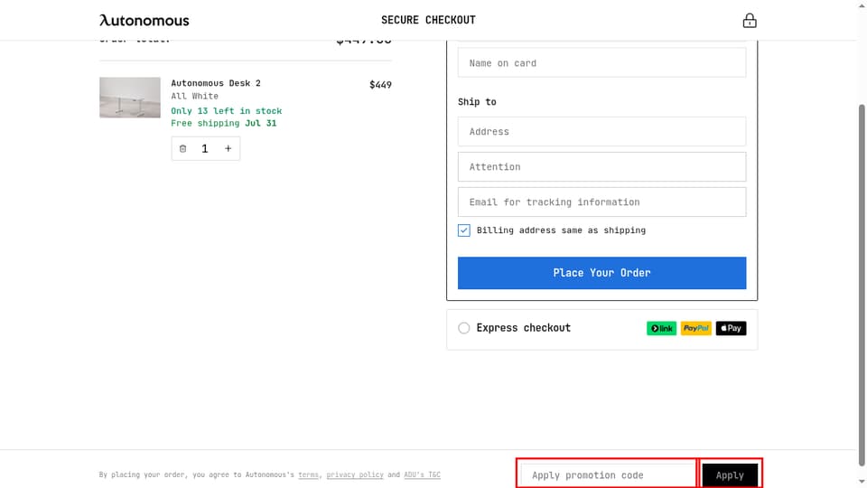 Autonomous checkout page showing the Apply promotion code field and Apply button