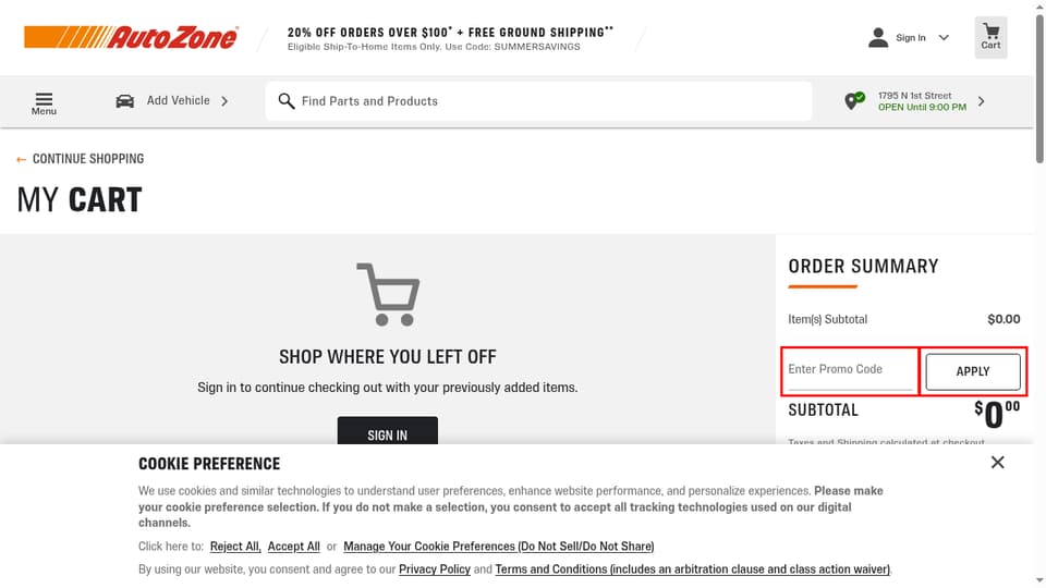 AutoZone checkout page showing the Enter Promo Code field and APPLY button