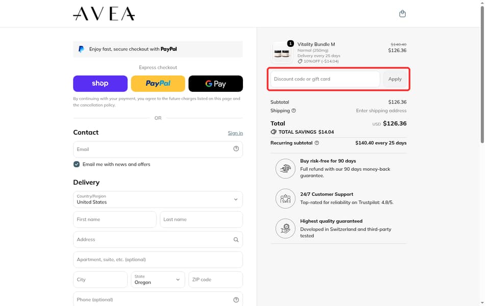 AVEA checkout page showing the Discount code or gift card field and Apply button