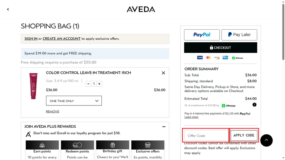 Aveda checkout page showing the Enter Your Offer Code field and Apply Code button