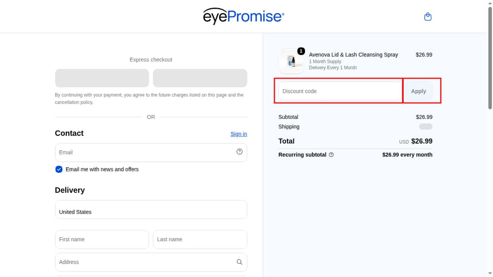 Avenova checkout page showing the Discount code field and Apply button