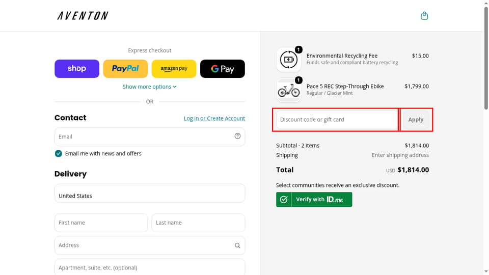 Aventon checkout page showing the Discount code or gift card field and Apply button