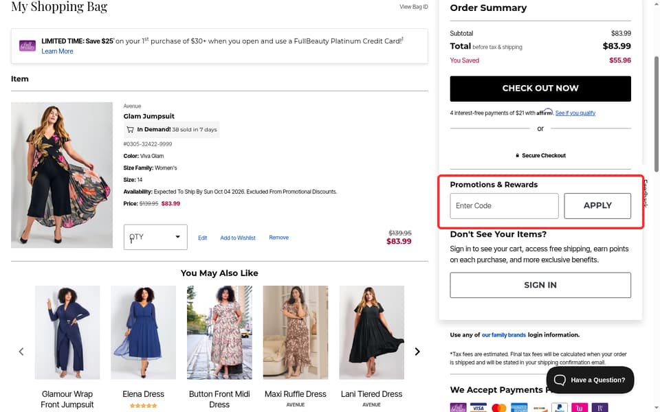 Avenue checkout page showing the Enter Code field and APPLY button