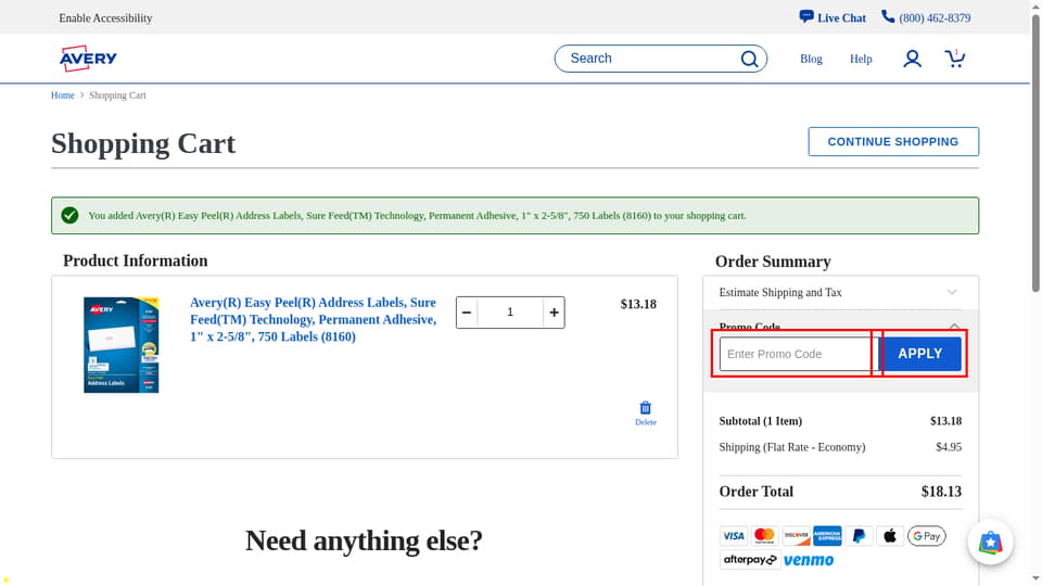 Avery checkout page showing the Enter Promo Code field and APPLY button