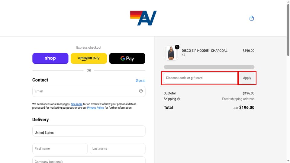 Aviator Nation checkout page showing the Discount code or gift card field and Apply button