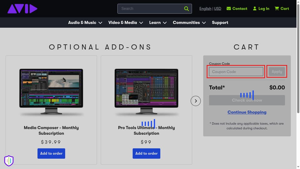 Avid checkout page showing the Coupon Code field and Apply button