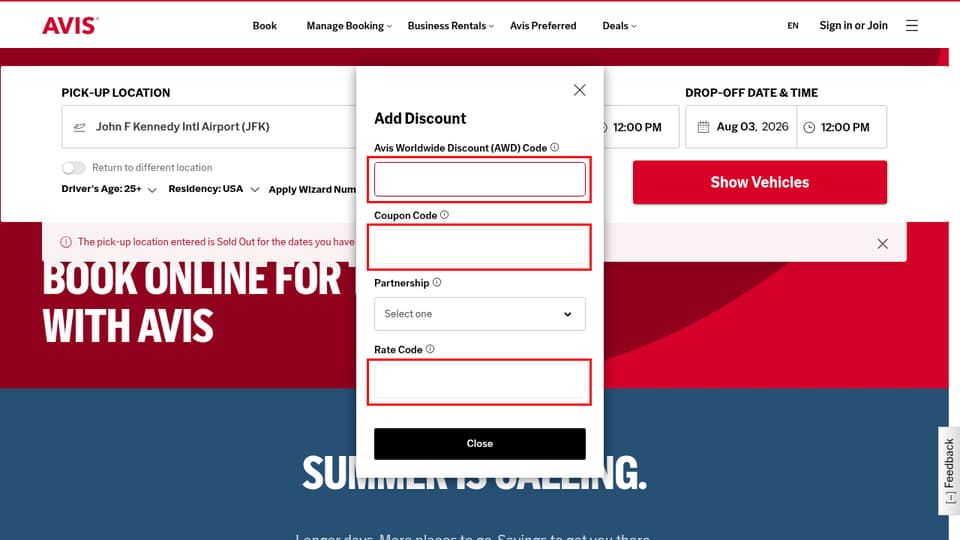 Avis checkout page showing the Coupon Code field and Apply button