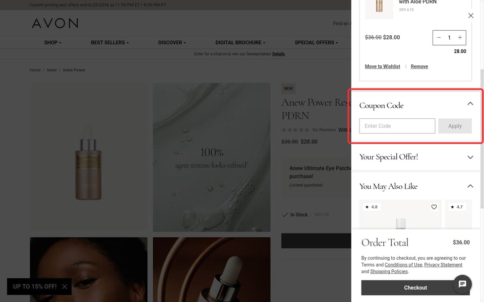 Avon checkout page showing the Enter Code field and Apply button