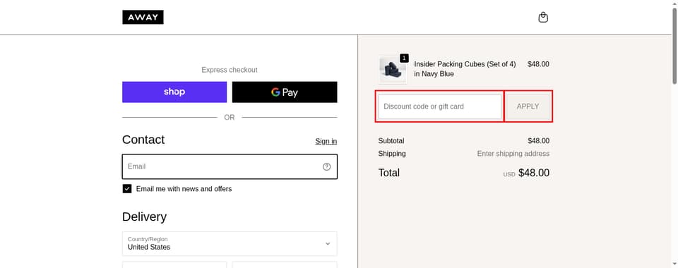 Away checkout page showing the 