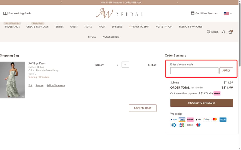 AW Bridal checkout page showing the Enter discount code field and Apply button