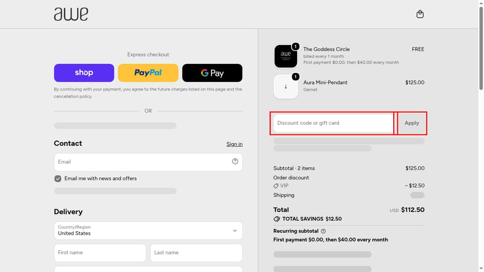 Awe Inspired checkout page showing the Discount code or gift card field and Apply button