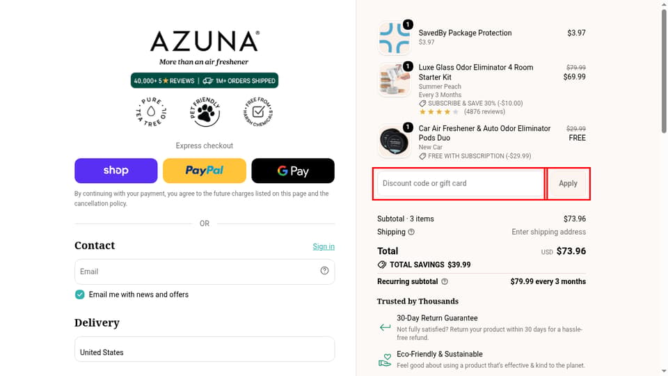 Azuna checkout page showing the Discount code or gift card field and Apply button