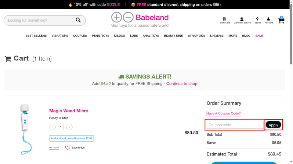 Babeland checkout page showing the Coupon code field and Apply button