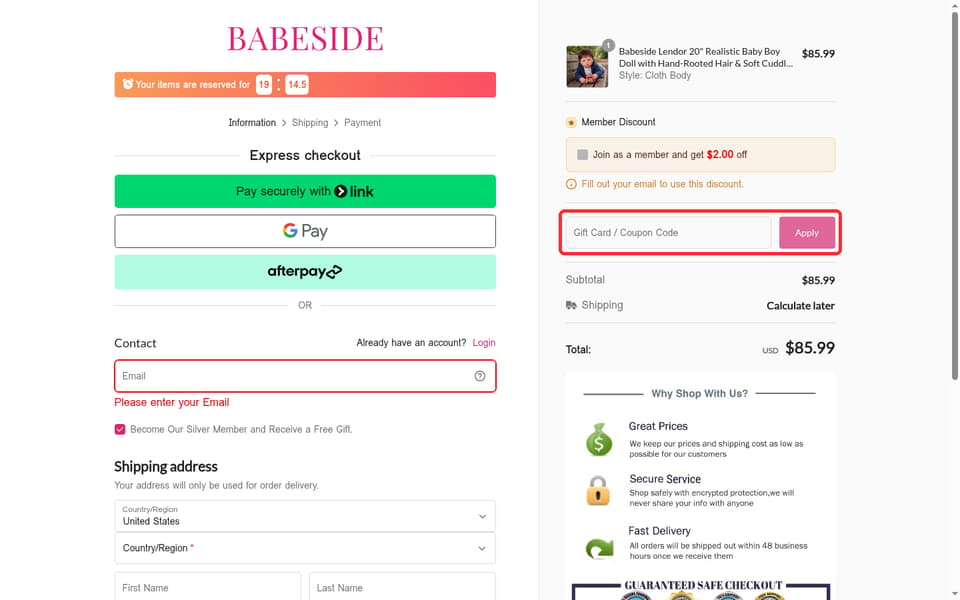 Babeside checkout page showing the Gift Card / Coupon Code field and Apply button