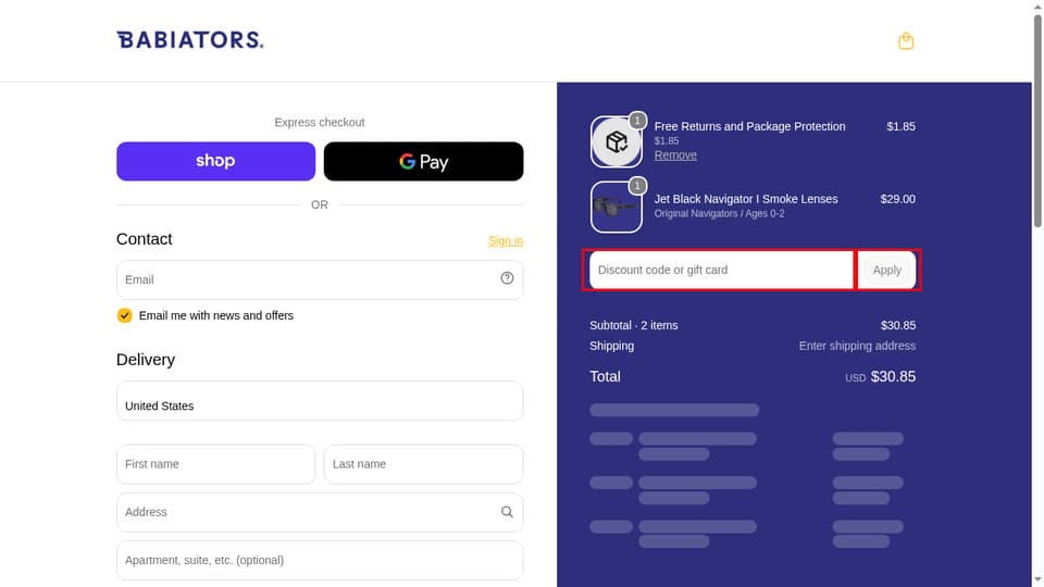 Babiators checkout page showing the Discount code or gift card field and Apply button