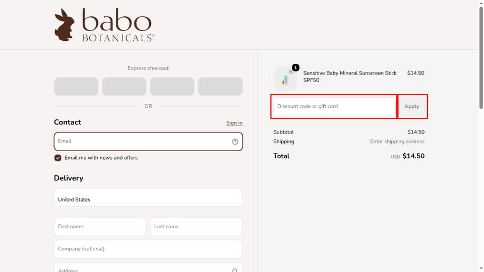 Babo Botanicals checkout page showing the 
