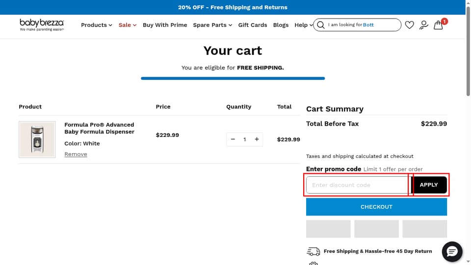 Baby Brezza checkout page showing the Enter discount code field and APPLY button