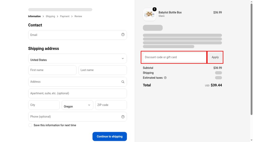 Babylist checkout page showing the Discount code or gift card field and Apply button