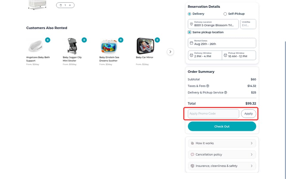 BabyQuip checkout page showing the Apply Promo Code field and Apply button
