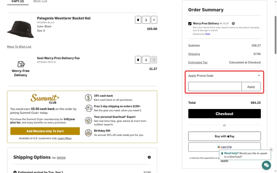 Backcountry checkout page showing the redeemCode field and Apply button