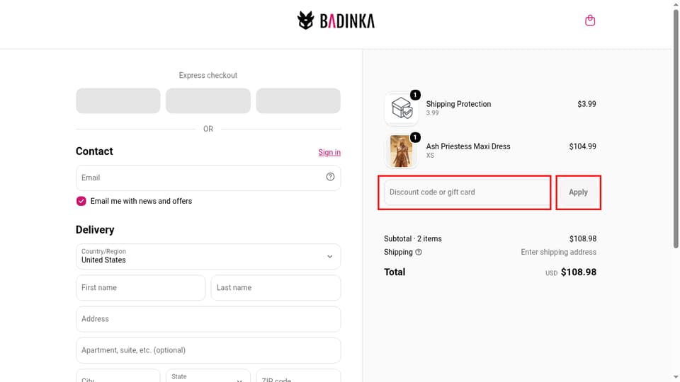 Badinka checkout page showing the Discount code or gift card field and Apply button